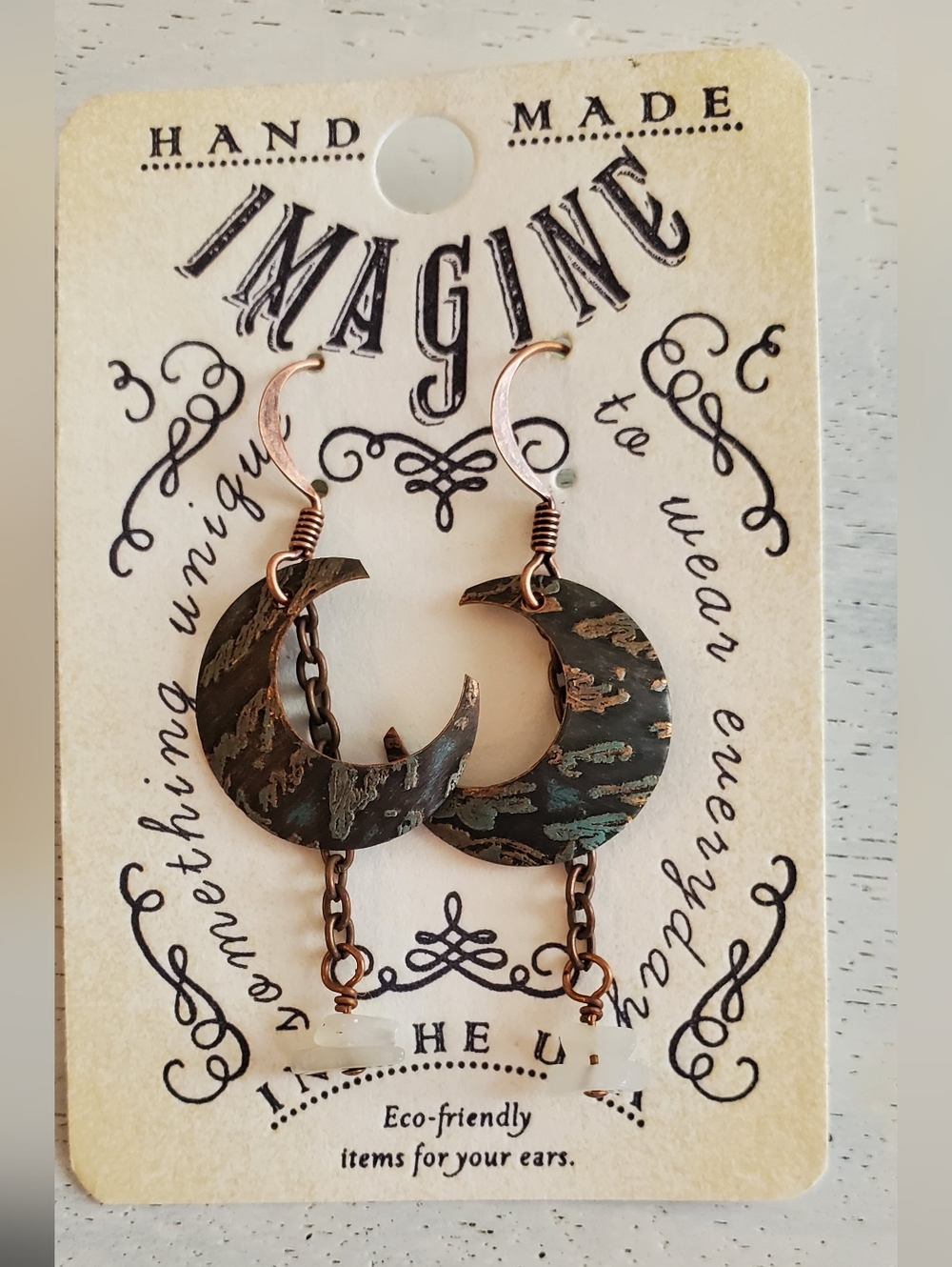 NWT Handcrafted Crescent Moon Dangle Earrings - Patina Green & Copper
